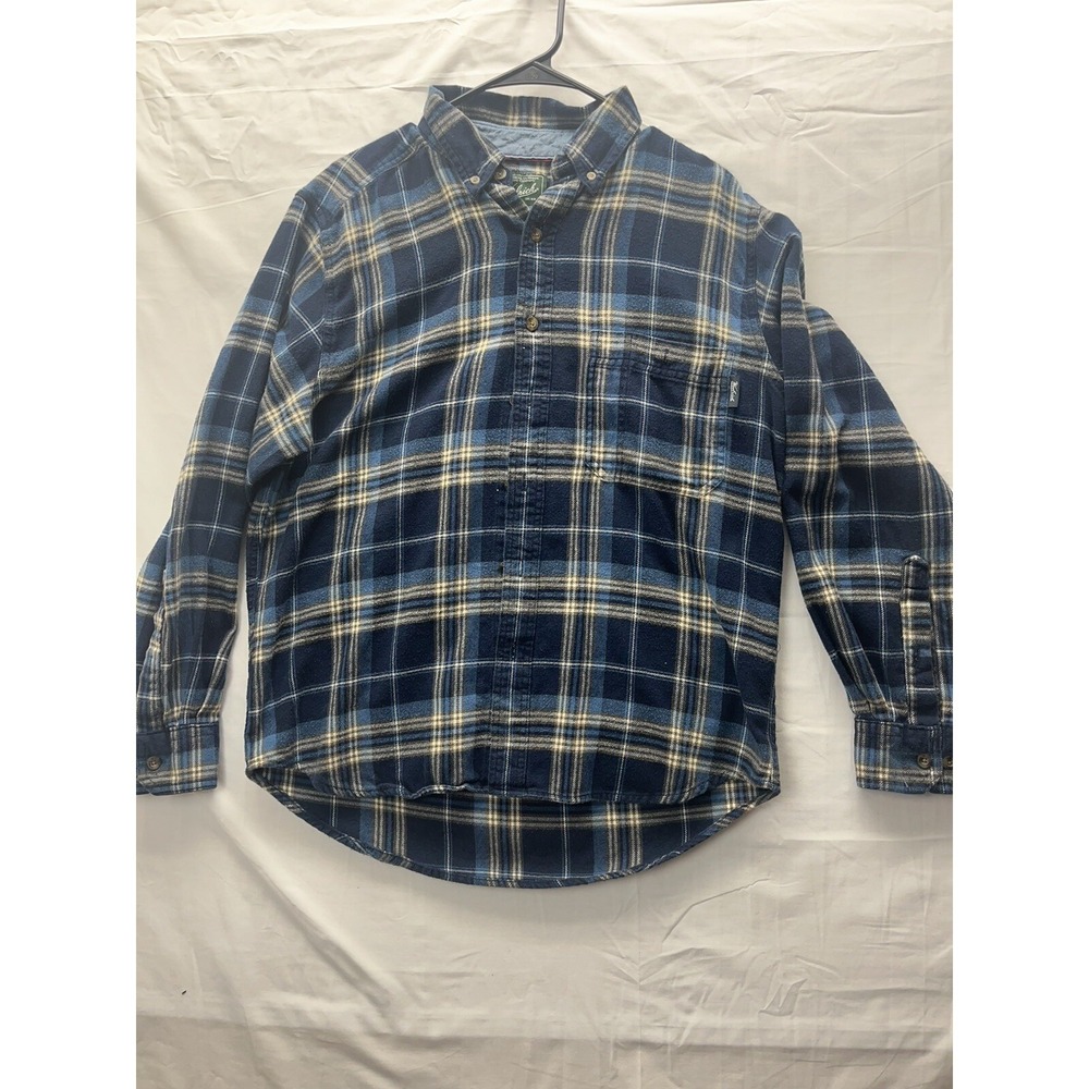 Woolrich Flannel Mens Shirt Size Medium Brown Blue Plaid Organic Cotton